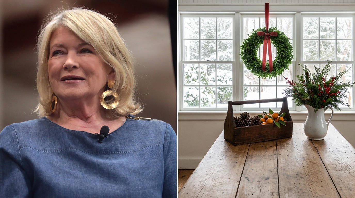 Martha Stewart Farmhouse Christmas kitchen with a boxwood wreath on a paned window, a wooden caddy of clementines and an ironstone pitcher of greens
