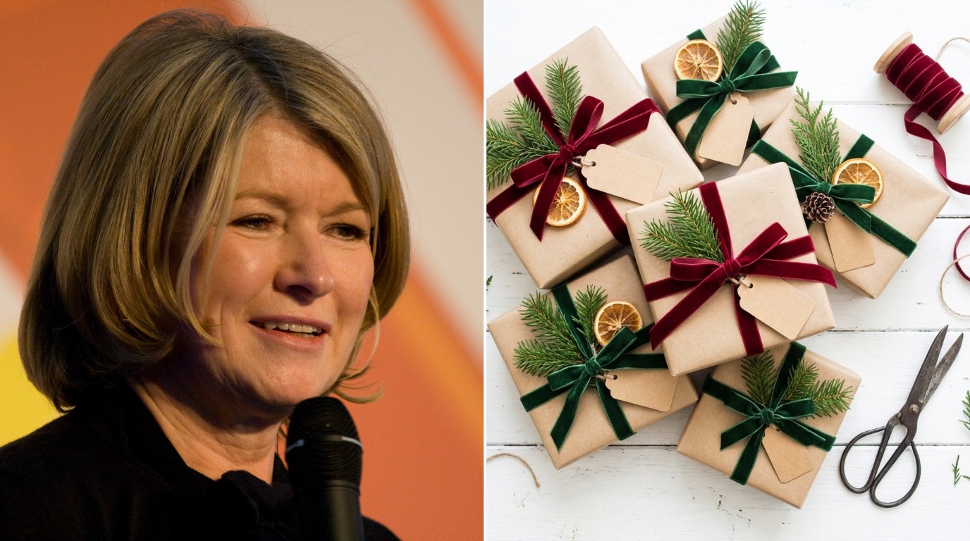 Martha Stewart Gift Wrap kraft paper presents with velvet ribbon and pine next to a photo of Martha Stewart