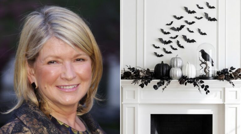 Martha Stewart Halloween inspired black and silver mantel with glittered pumpkins and paper bats