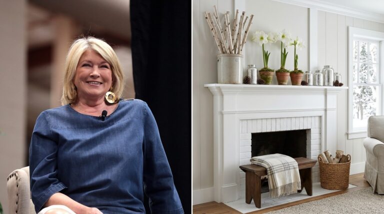 Martha Stewart winter decor: silver and white mantel with birch branches, white amaryllis and mercury glass jars