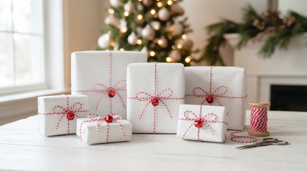 White butcher paper gifts tied with red and white baker's twine and jingle bells