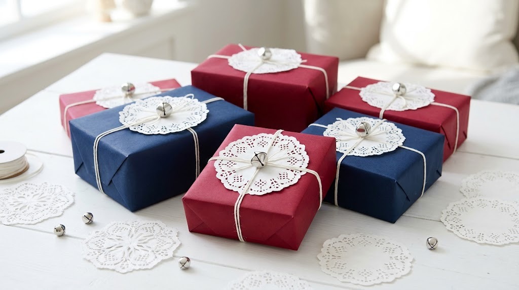 Red and navy wrapped gifts topped with white paper doily snowflakes and silver bells