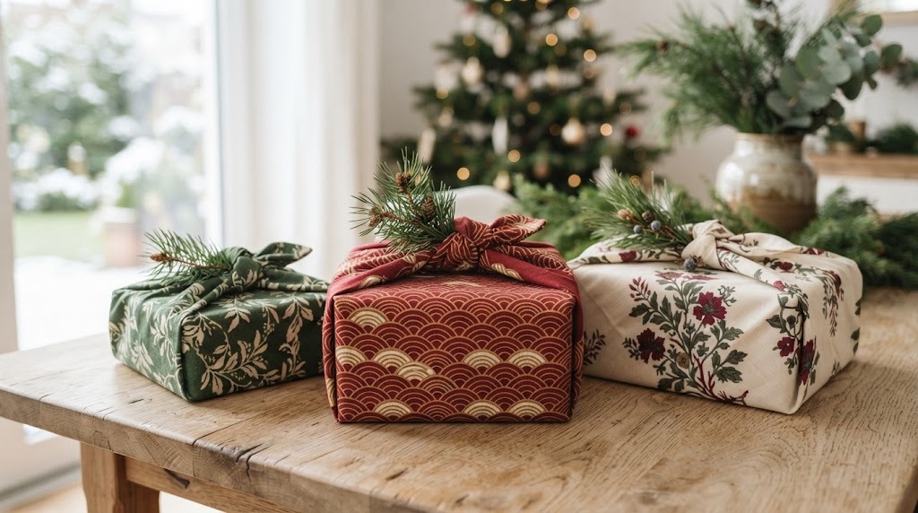 Gifts wrapped furoshiki style in red, cream and green cotton cloths