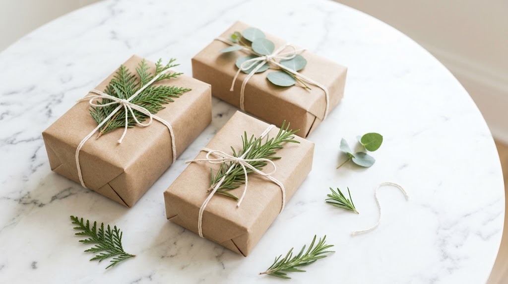 Martha Stewart Gift Wrap kraft paper gifts with twine and fresh cedar, eucalyptus and rosemary