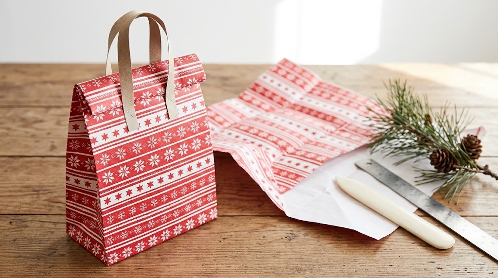 Handmade gift bag folded from one sheet of red and white wrapping paper