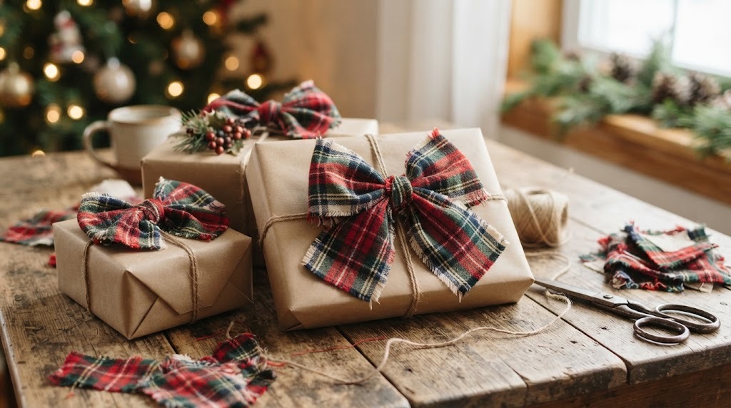 Martha Stewart Gift Wrap kraft paper gifts topped with plaid flannel scrap bows