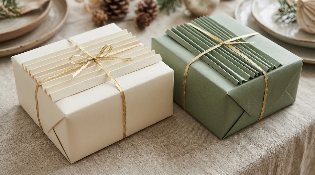 Gift boxes wrapped in cream and sage paper with accordion pleats across the top