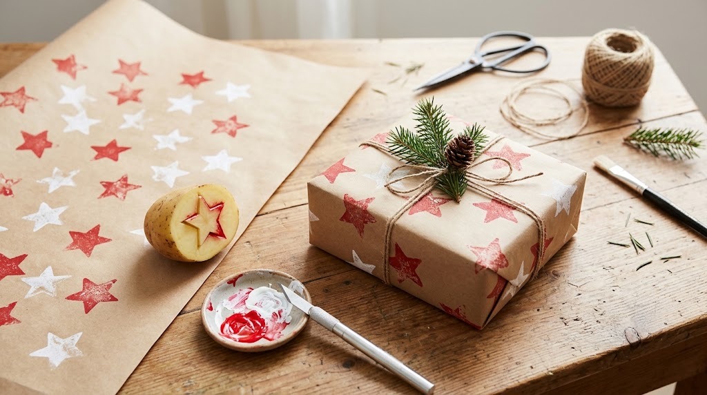 Martha Stewart Gift Wrap kraft paper stamped with red and white potato print stars