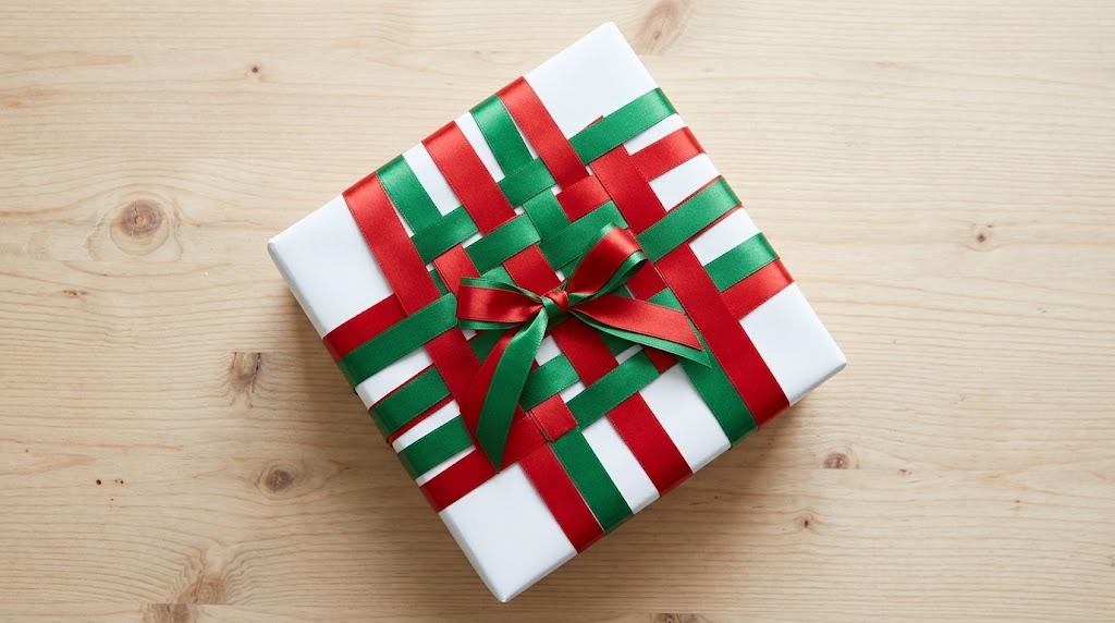 Martha Stewart Gift Wrap white box with a woven lattice of red and green satin ribbons