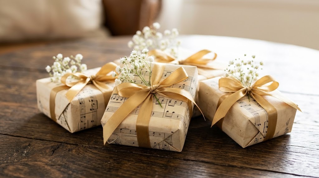 Small presents wrapped in sheet music paper with gold satin ribbon and baby's breath