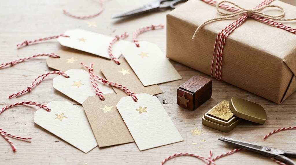 Handmade cream and kraft cardstock gift tags stamped with gold stars
