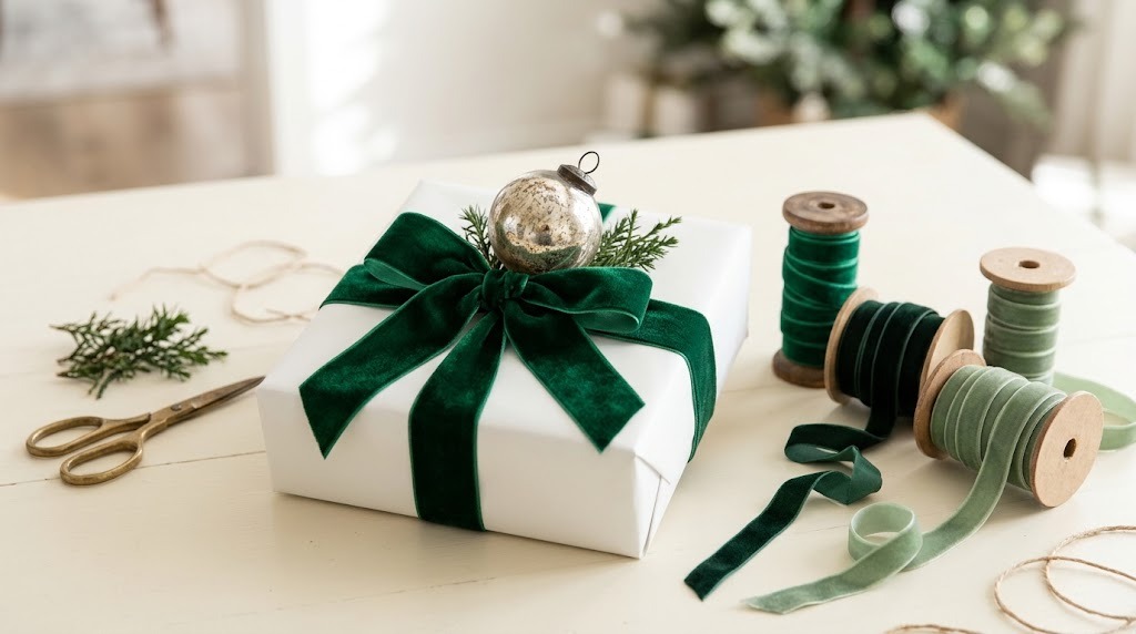 Martha Stewart Gift Wrap white present with emerald velvet bow and vintage ornament topper