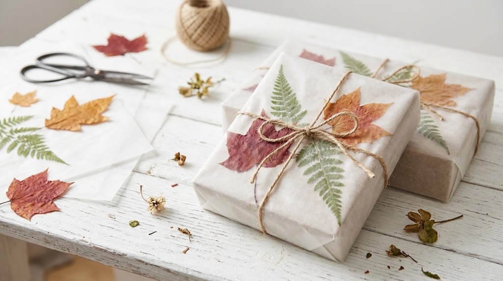 Gifts wrapped in wax paper with pressed ferns and leaves showing through