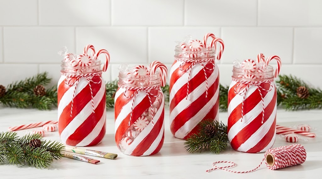 Jars hand painted with red and white candy cane stripes and filled with peppermints