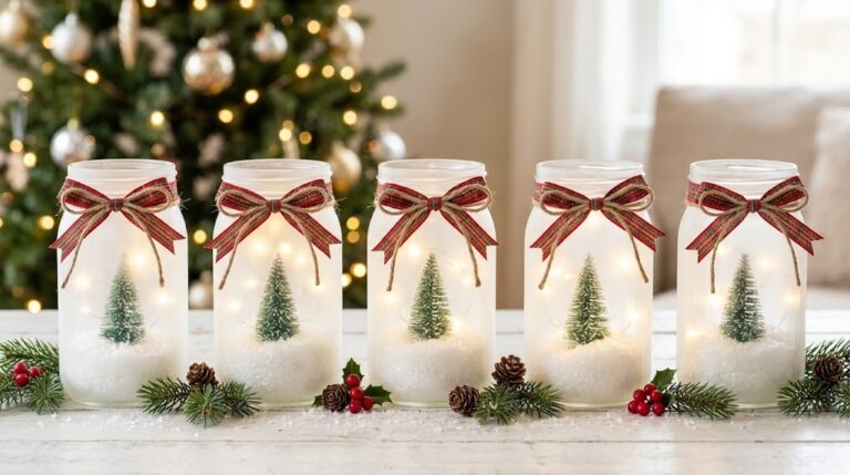 Mason Jar Christmas Crafts glowing frosted jars with tiny trees, fake snow and plaid ribbons