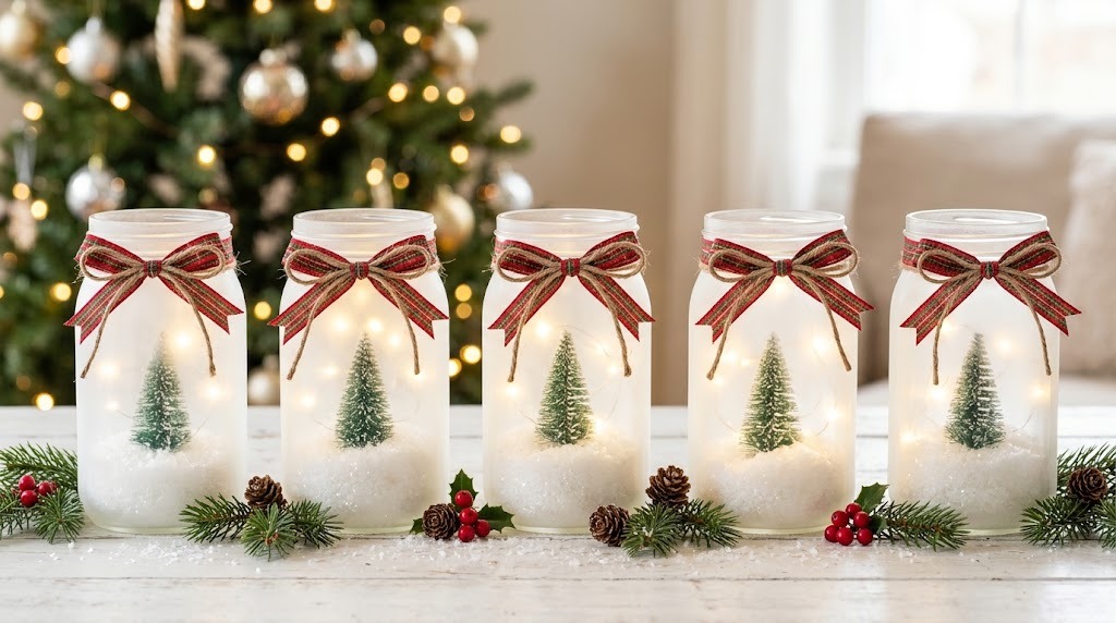 Mason Jar Christmas Crafts glowing frosted jars with tiny trees, fake snow and plaid ribbons