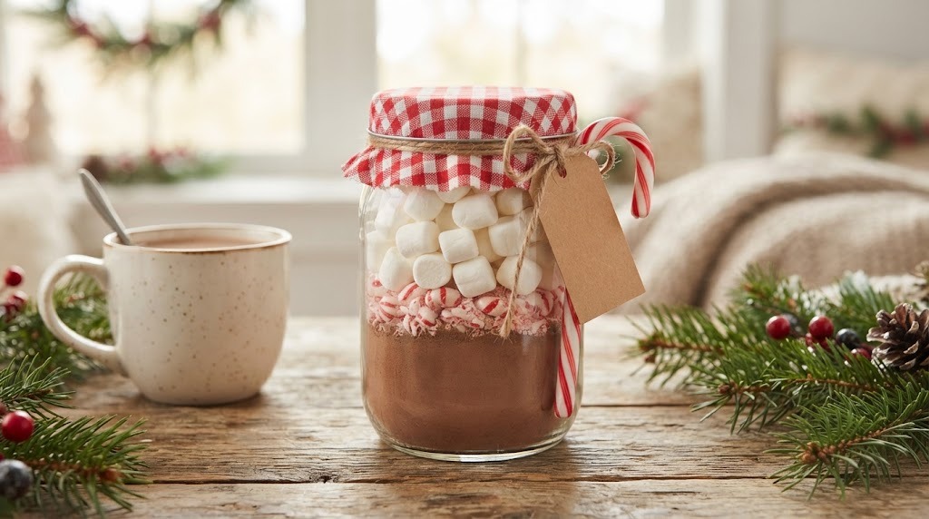 Mason Jar Christmas Crafts hot cocoa gift jar with peppermint and marshmallows