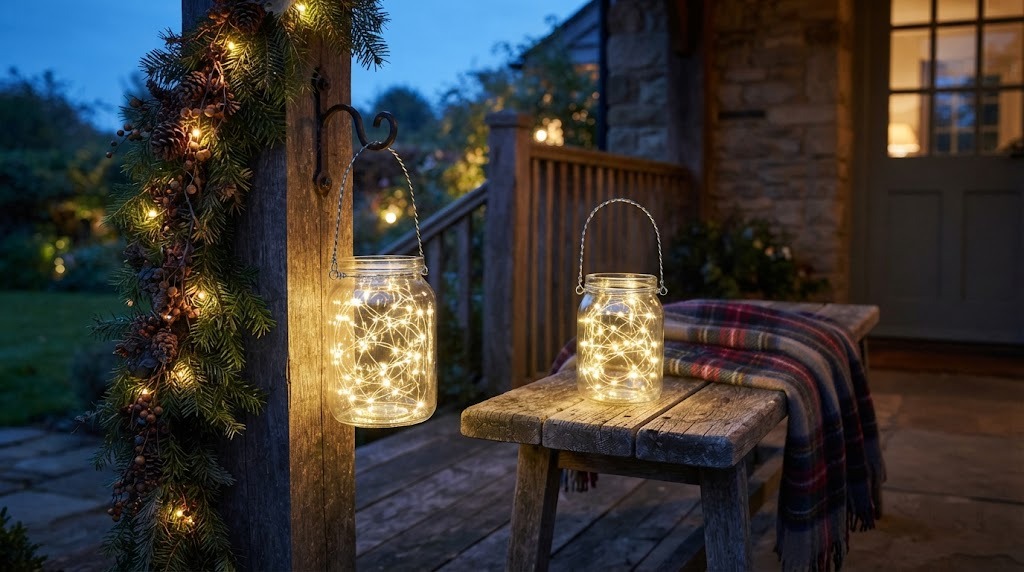 Jar lanterns filled with warm battery fairy lights on a porch