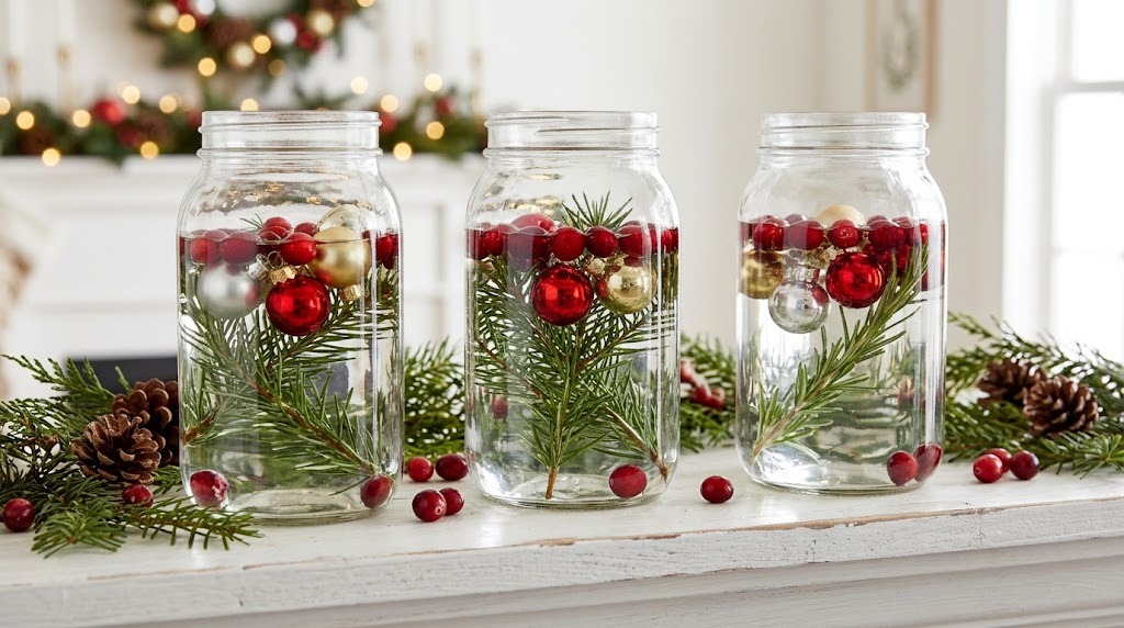 Mason Jar Christmas Crafts floating ornament jars with cranberries and pine