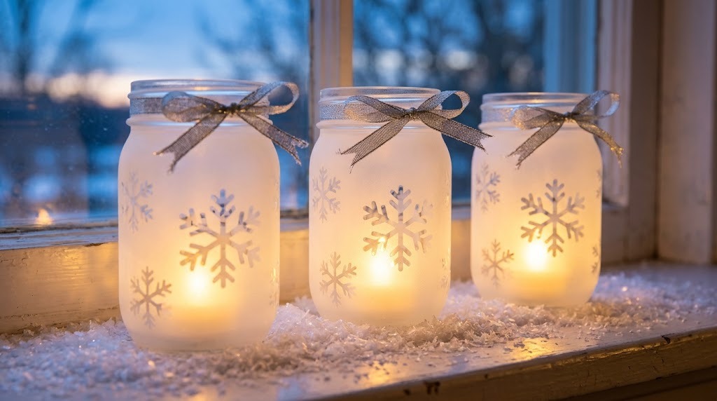 Mason Jar Christmas Crafts frosted snowflake luminaries glowing on a snowy windowsill