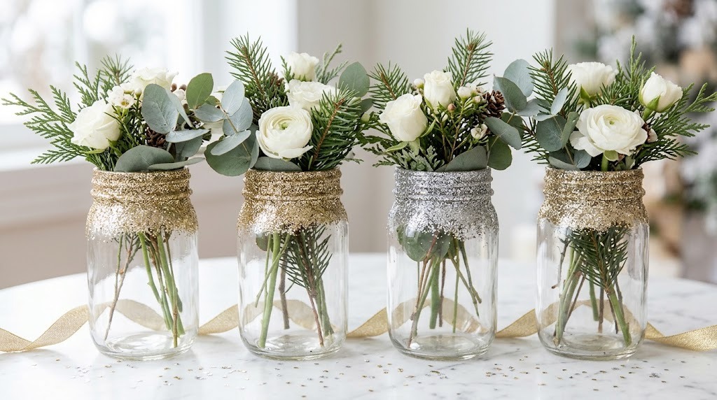 Clear jars with gold and silver glitter rims holding winter flowers and pine