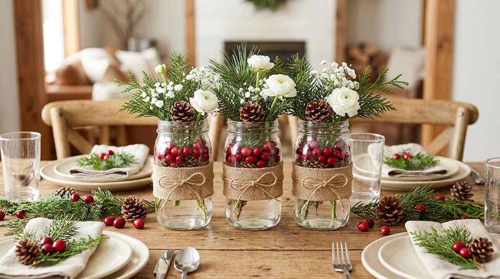 Jar centerpiece with water, cranberries, pine cones and pine sprigs on a dining table