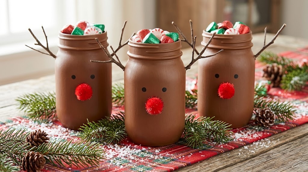 Brown painted reindeer face jars with twig antlers and red pom pom noses