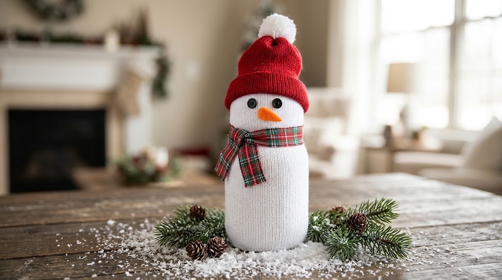 Mason jar covered with a white knit sock and dressed as a snowman with a red hat