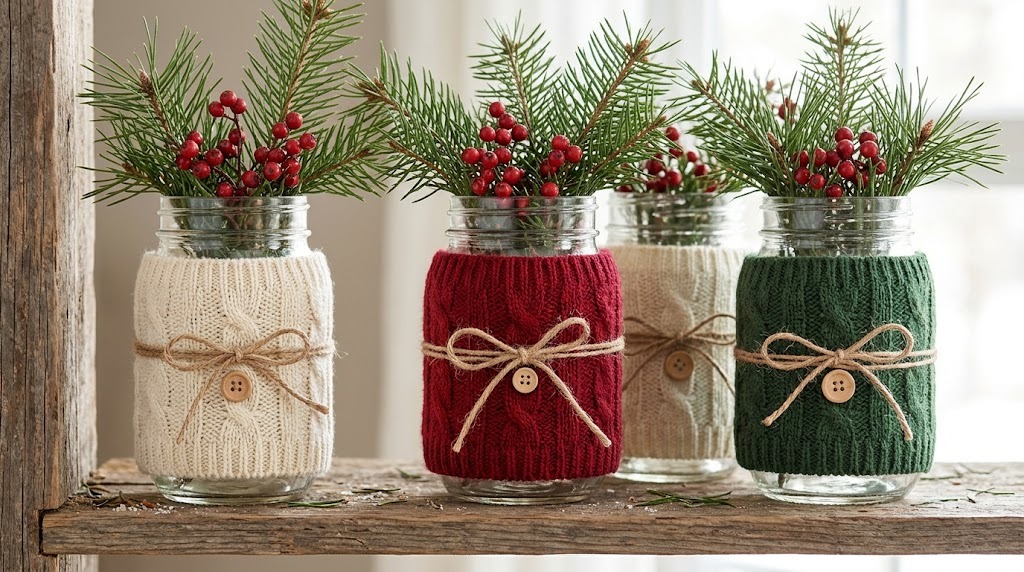 Mason Jar Christmas Crafts jars wrapped in sweater sleeves holding pine and berries