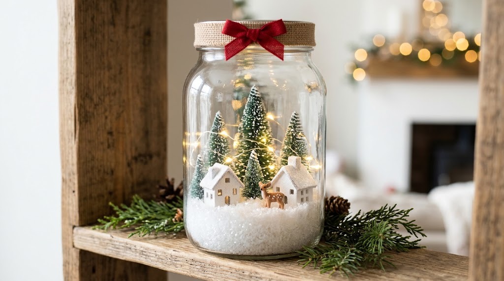 Mason Jar Christmas Crafts winter village with tiny houses, trees and a deer inside a jar
