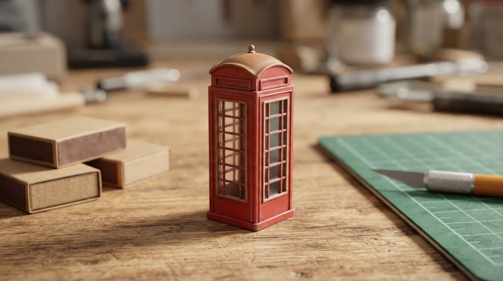 Tiny red phone booth miniature made from a matchbox and wood strips