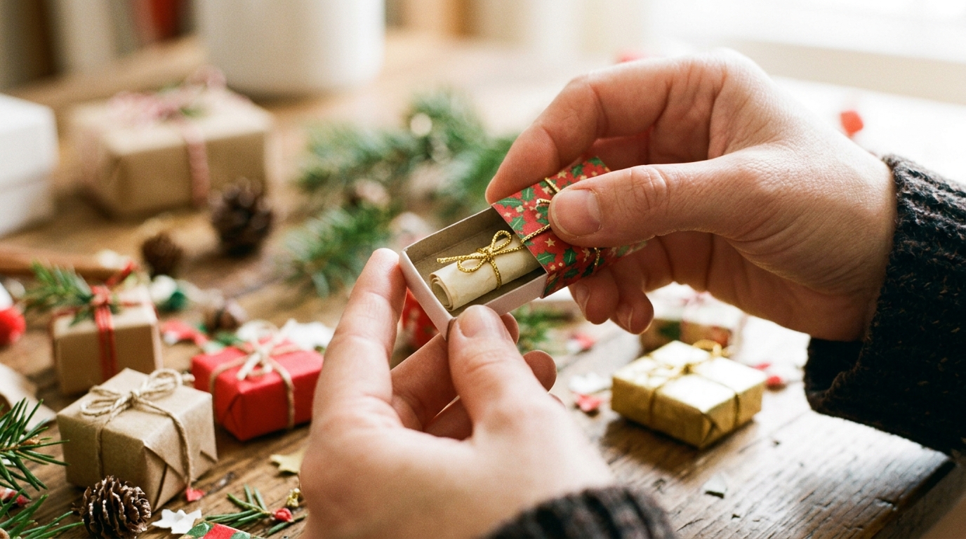 Hands opening a tiny Christmas paper covered box with a rolled wish scroll inside