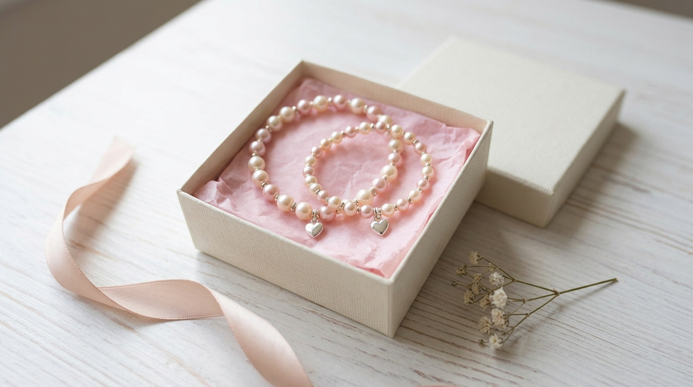 Matching adult and child pearl bracelets in a gift box