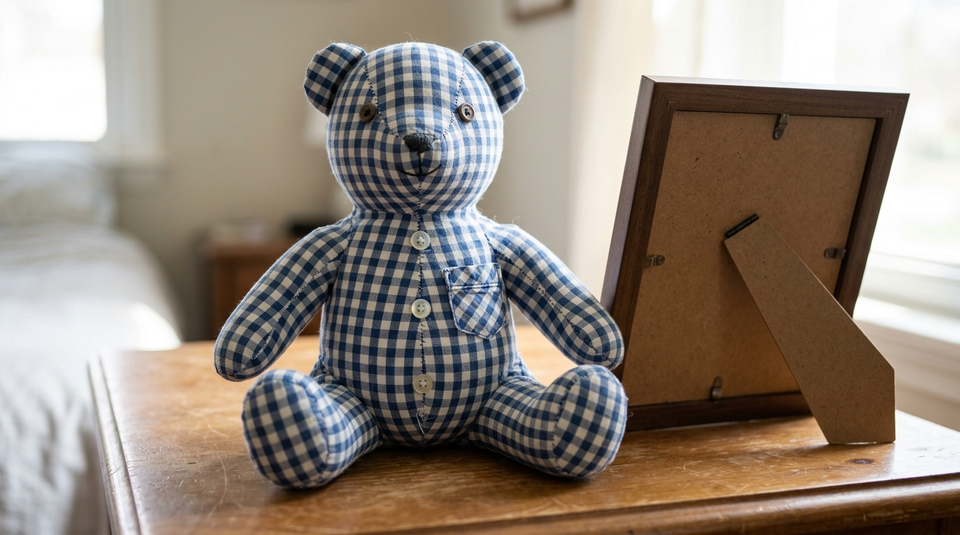 Teddy Roosevelt Teddy Bear inspired memory bear sewn from a blue checked shirt