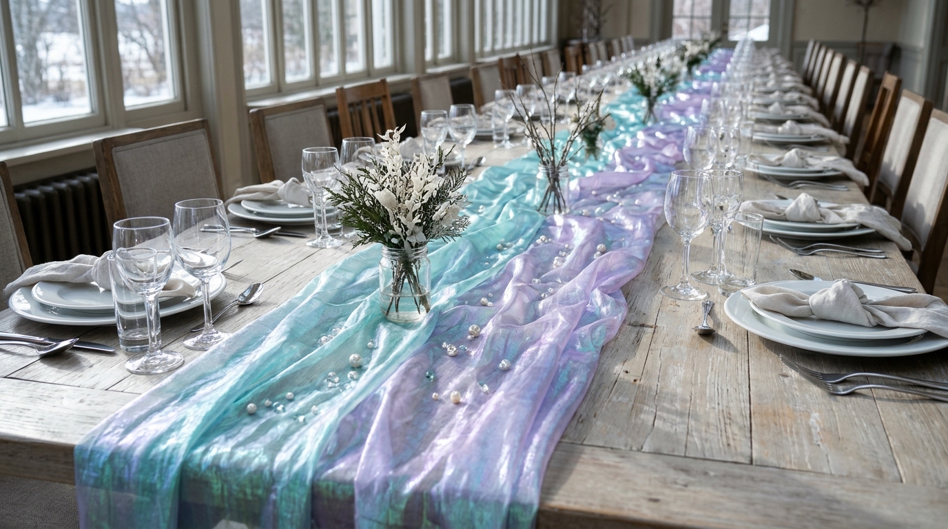 Sheer mermaid finish table runner in aqua and lilac on a long dining table