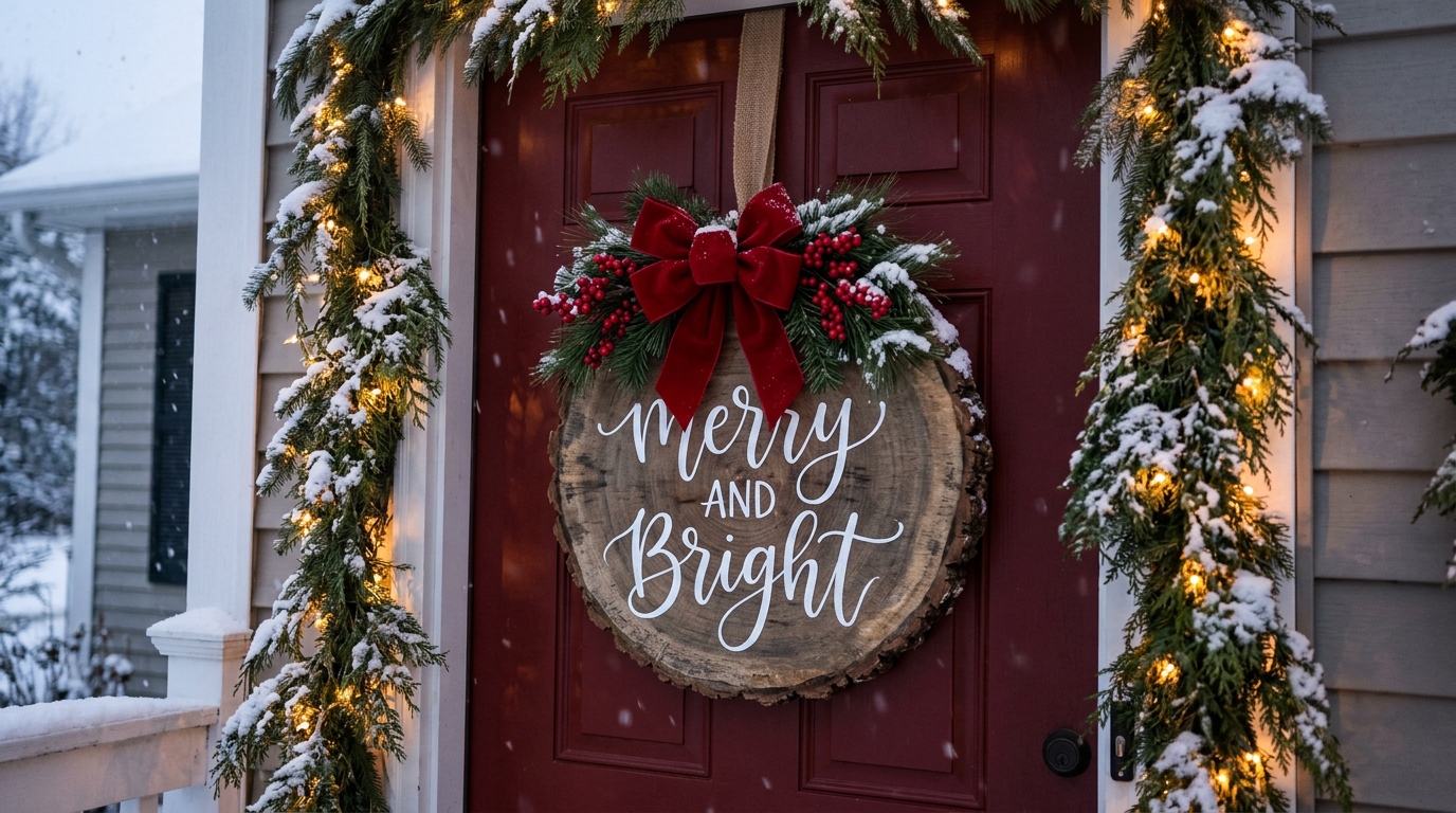 A round wood slice sign painted Merry and Bright with pine and a red bow on a red front door