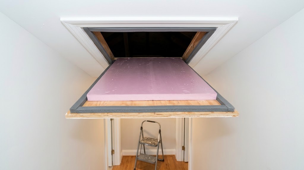 Attic hatch lined with gray foam weatherstripping and topped with pink rigid foam board