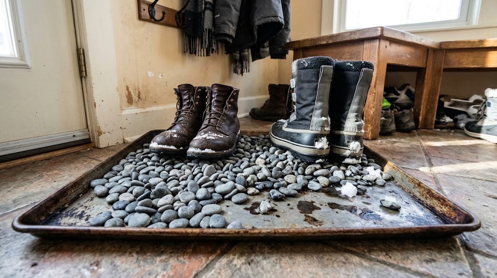 Mike Holmes home fixes: baking sheet filled with river pebbles holding wet snowy boots by the door