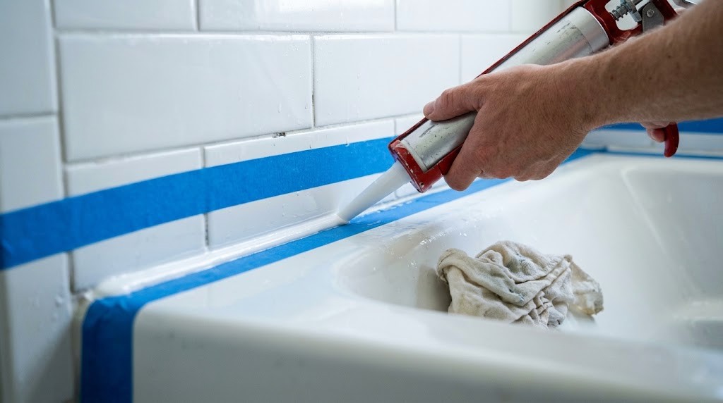 Fresh white silicone caulk applied along a bathtub and tile joint with blue tape