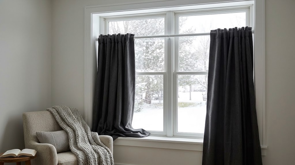 Heavy charcoal thermal curtains on a tension rod in a snowy bedroom window