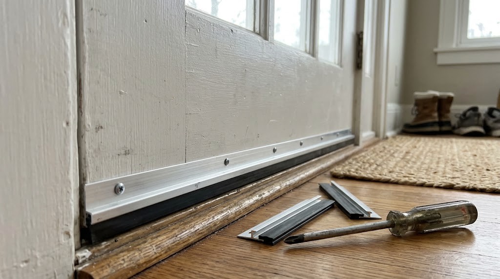 Aluminum and rubber door sweep screwed to the bottom of a white front door