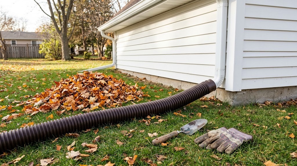 Mike Holmes home fixes: flexible downspout extension carrying water away from a house foundation