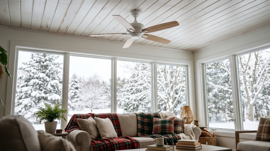 White ceiling fan with wooden blades above a sofa with plaid blankets and snowy windows