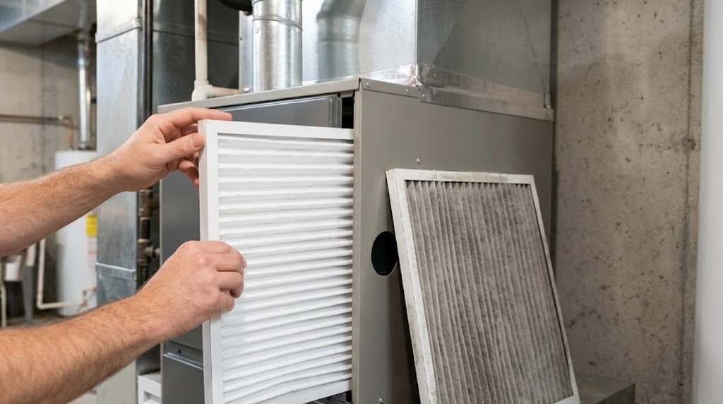 Mike Holmes home fixes: hands sliding a clean filter into a furnace next to the dirty old filter