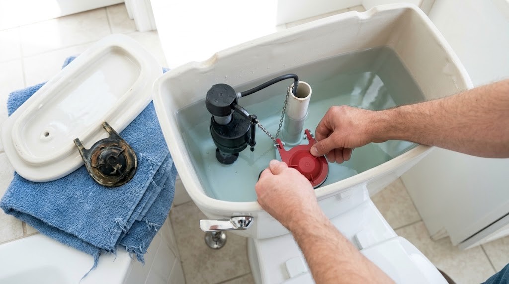Mike Holmes home fixes: hands fitting a new red flapper in a toilet tank with the old one on a towel