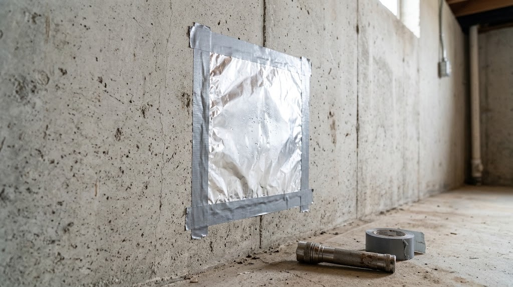 Square of aluminum foil taped to a concrete basement wall as a moisture test