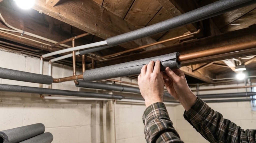 Gray foam sleeves wrapped around copper water pipes in a basement
