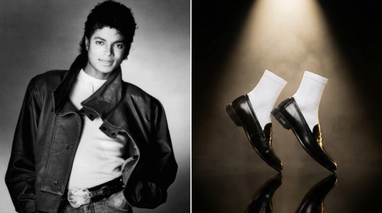 Famous stars who hold patents: Michael Jackson beside an AI image of leaning black loafers