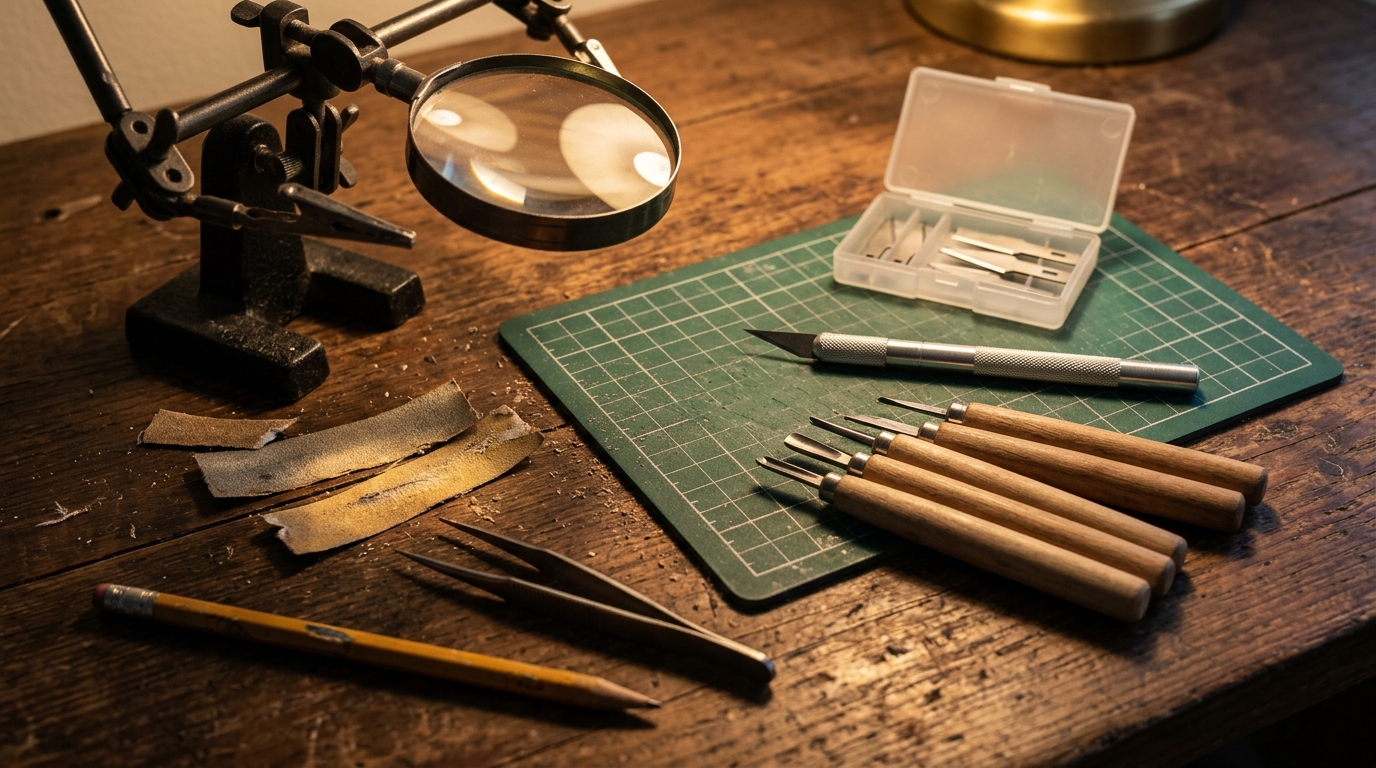 Micro carving tools with a craft knife, magnifier and pencil on a desk