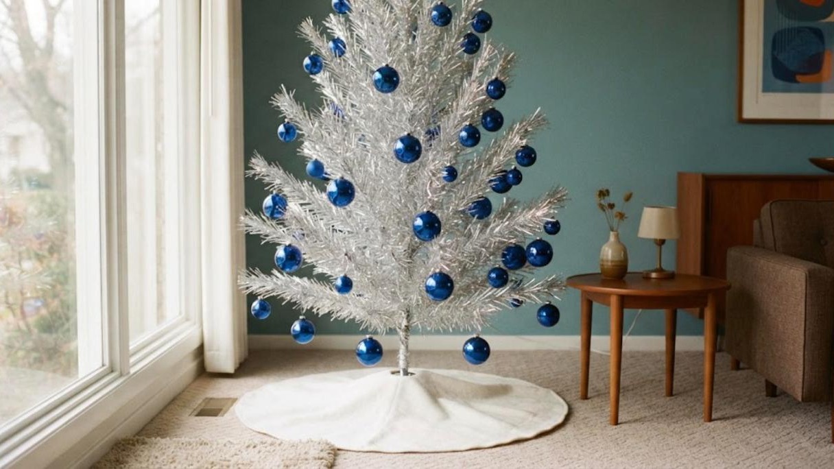 Silver aluminum tinsel tree with cobalt blue ornaments, a classic midcentury Christmas decor look